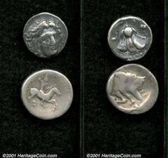 Ancient Greece, Ancient Greece, Silver pair including: Sicily, Gela, 490-480 BC AR didrachm, Naked horseman galloping right/Forepart of man-headed bull swimming right, as Sear-713, 8.17 gms, F/VF; and