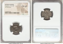 Ancients Roman Imperial Pupienus (AD 238). AR denarius (19mm, 6h). NGC Choice VF. Rome, April-June AD 238. IMP C M CLOD PVPIENVS AVG, laureate, draped and cuirassed bust of Pupienus right, seen from b