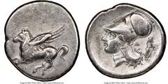 Ancients Greek CORINTHIA. Corinth. 4th century BC. AR stater (23mm, 8.10 gm, 4h). NGC VF. Ca. 345-307 BC. Pegasus flying left; Ϙ below / Head of Athena left, wearing Corinthian helmet pushed back on h