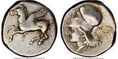 Ancients Greek CORINTHIA. Corinth. Ca. 375-300 BC. AR stater (20mm, 12h). NGC Choice Fine. Pegasus flying left; Ϙ below / Head of Athena left, wearing Corinthian helmet pushed back on head; N and tris