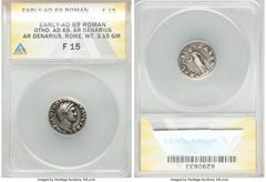 Ancients Roman Imperial Otho (January-April AD 69). AR denarius (18mm, 3.15 gm, 11h). ANACS Fine 15. Rome, 15 January-9 March AD 69. IMP M OTHO CAESAR AVG TR P, bare, bewigged head of Otho right / SEC