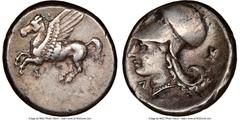 Ancients Greek CORINTHIA. Corinth. Ca. 4th century BC. AR stater (22mm, 12h). NGC Choice VF. Ca. 345-307 BC. Pegasus flying left; ? below / Head of Athena left, wearing Corinthian helmet pushed back o
