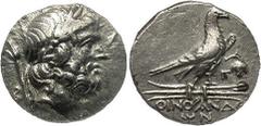 Lycia, Oinoanda. Ca. 200 B.C. AR didrachm (21 mm). Laureate head of Zeus right, lotus-tipped sceptre over shoulder; B behind / Eagle, wings closed, standing right on winged thunderbolt; Gamma and grap
