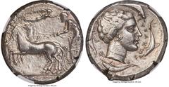 Ancients Greek SICILY. Syracuse. Second Democracy (ca. 440-430 BC). AR tetradrachm (26mm, 17.42 gm, 4h). NGC Choice XF 3/5 - 2/5, Fine Style, brushed. Charioteer driving prancing quadriga left, kentro