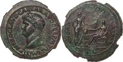 Ancients Roman Imperial Nero (AD 54-68). AE sestertius (37mm, 30.48 gm, 7h). NGC AU 5/5 - 2/5, smoothing. Lugdunum, AD 65. NERO CLAVD CAESAR AVG GER P M TR P IMP P P, laureate head of Nero left, globe