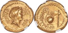 Ancients Roman Republic Julius Caesar, as Dictator (49-44 BC). AV aureus (20mm, 8.23 gm, 5h). NGC Choice AU 5/5 - 4/5. Rome, 46 BC, Aulus Hirtius, praetor. C•CAESAR-COS TER, veiled female head (Vesta 