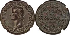 Ancients Roman Imperial Gaius 'Caligula' (AD 37-41). AE sestertius (35mm, 29.15 gm, 6h). NGC AU 5/5 - 3/5, Fine Style, repatinated. Rome, AD 37-38. C CAESAR•AVG•GERMANICVS•PON•M•TR•POT•, laureate head