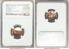 Ancients Celtic BRITAIN. Regini-Atrebates. Verica (ca. AD 10-40). AV stater (20mm, 5.21 gm, 4h). NGC Choice AU 5/5 - 3/5. Ca. AD 20-25. COM•F, legend in rectangular incuse tablet / VIR / REX, Celtic w