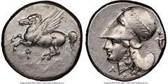 Ancients Greek CORINTHIA. Corinth. Ca. 345-307 BC. AR stater (21mm, 8.27 gm, 9h). NGC Choice XF 5/5 - 2/5, brushed. Pegasus flying left; Ϙ below / Head of Athena left, wearing Corinthian helmet pushed