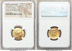 Ancients Greek PONTIC KINGDOM. Mithradates VI Eupator (120-63 BC). AV stater (20mm, 8.33 gm, 12h). NGC Choice AU 5/5 - 5/5. Late posthumous issue in name and types of Lysimachus of Thrace, Tomis, 88-8