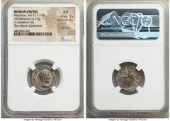 Ancients Roman Imperial Macrinus (AD 217-218). AR denarius (19mm, 3.27 gm, 12h). NGC AU 5/5 - 4/5 flan flaw. Rome, December AD 217. IMP C M OPEL SEV MACRINVS AVG, laureate, draped, cuirassed bust of M