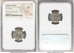 Ancients Roman Imperial Macrinus (AD 217-218). AR denarius (19mm, 7h). NGC XF. Rome. IMP C M OPEL SEV MACRINVS AVG, laureate, cuirassed bust of Macrinus right, seen from behind / IOVI CONSER-VATORI, J