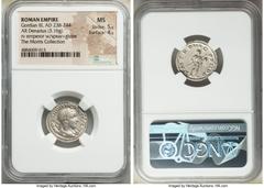 Ancients Roman Imperial Gordian III (AD 238-244). AR denarius (20mm, 3.16 gm, 7h). NGC MS 5/5 - 4/5. Rome, 4th issue, AD 241-243. IMP GORDIANVS PIVS FEL AVG, radiate, cuirassed bust of Gordian III rig