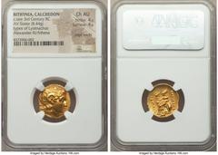 Ancients Greek BITHYNIA. Calchedon. Ca. late 3rd century BC. AV stater (18mm, 8.44 gm, 12h). NGC Choice AU 4/5 - 4/5, edge marks. Name and type of Lysimachus. Diademed head deified Alexander III right