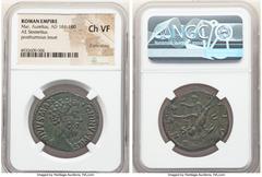 Ancients Roman Imperial Divus Marcus Aurelius (AD 161-180). AE sestertius (31mm, 12h). NGC Choice VF, light smoothing. Rome, after AD 180. DIVVS M AN-TONINVS PIVS, bare head of Divus Marcus Aurelius r