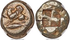 Ancients Greek MYSIA. Cyzicus. Ca. 550-450 BC. EL stater (22mm, 16.12 gm). NGC Choice VF 5/5 - 4/5. Winged canine running left, head reverted; tunny fish left below / Quadripartite mill-sail incuse sq