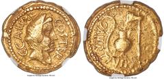 Ancients Roman Republic Julius Caesar, as Dictator (49-44 BC). AV aureus (20mm, 7.90 gm, 8h). NGC Choice VF 4/5 - 2/5, marks. Rome, 46 BC, Aulus Hirtius, praetor. C•CAESAR-COS•TER, veiled female head 