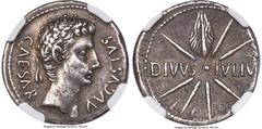 Ancients Roman Imperial Augustus (27 BC-AD 14). AR denarius (20mm, 3.67 gm, 7h). NGC Choice XF 5/5 - 4/5. Spain, Caesaraugusta (?), 19-18 BC. CAESAR-AVGVSTVS, head of Augustus right wearing oak wreath