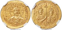 Ancients Byzantine Basil II Bulgaroctonos (AD 976-1025) with Constantine VIII. AV histamenon nomisma (26mm, 4.42 gm, 7h). NGC Choice AU 5/5 - 4/5. Constantinople, AD 989-1001. + IhS XIS RЄX RЄϚNANTIhm