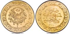 Islamic Dynasties Ottoman Empire. Mehmed V gold "Monnaie de Luxe" 500 Kurush AH 1327 Year 8 (1915/1916) AU58 NGC, Constantinople mint (in Turkey), KM778, Pere-1029 (Year 4). Mintage: 1,618. The second