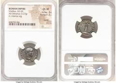 Ancients Roman Imperial Vitellius (July-December AD 69). AR denarius (mm, 3.27 gm, 7h). NGC Choice XF 4/5 - 3/5, marks. Rome. A VITELLIVS GERM IMP AVG TR P, Laureate head of Vitellius right / LIBERTAS
