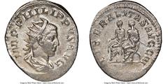 Ancients Roman Imperial Philip II (AD 247-249). AR antoninianus (23mm, 1h). NGC AU. Rome. IMP PHILIPPVS AVG, radiate, draped and cuirassed bust of Philip II right, seen from behind / LIBERALITAS AVGG 
