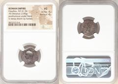 Ancients Roman Imperial Divus Claudius I (AD 41-54). AR denarius (18mm, 2.85 gm, 4h). NGC VG 4/5 - 4/5. Rome, AD 54. DIVVS•CLAVDIVS•AVGVSTVS, laureate head of Divus Claudius I left / EX•S•C, slow quad