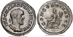 Ancients Roman Imperial Pupienus (AD 238). AR denarius (20mm, 2.57 gm, 5h). NGC AU 4/5 - 4/5. Rome, April-June AD 238. IMP C M CLOD PVPIENVS AVG, laureate, draped, cuirassed bust of Pupienus right, se