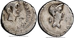 Ancients Roman Republic Marc Antony, as Imperator (44-43 BC), with Divus Julius Caesar. AR denarius (18mm, 3.99 gm, 10h). NGC VF 4/5 - 4/5. Military mint traveling with Antony in Cisalpine Gaul, April