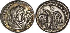 Celtic Britain. The Trinovantes and Catuvellauni. Epaticcus. Ca. A.D. 35-43. AR unit (12 mm, 1.21 g, 1'). Head of Hercules right, wearing lion's skin headdress; pellet in annulet behind / Eagle, head 