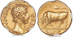 Ancients Roman Imperial Augustus (27 BC-AD 14). AV aureus (18mm, 7.87 gm, 8h). NGC XF 4/5 - 3/5. Lugdunum, 15-13 BC. AVGVSTVS-DIVI•F, bare head of Augustus right / IMP•X, bull charging left, head lowe