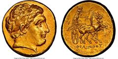 Ancients Greek MACEDONIAN KINGDOM. Philip II (359-336 BC). AV stater (18mm, 8.54 gm, 6h). NGC Choice AU 4/5 - 5/5, die shift. Posthumous issue of Colophon (?), under Philip III Arrhidaeus, ca. 323-317
