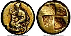 Ancients Greek MYSIA. Cyzicus. Ca. 450-350 BC. EL 1/24 stater or myshemihecte (7mm, 0.67 gm). NGC VF 5/5 - 3/5, brushed. Male figure (Odysseus or Phrixus?) kneeling left, wearing pileus helmet and chl