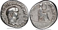 Ancients Roman Imperial Vitellius (July-December AD 69). AR denarius (19mm, 7h). NGC Fine. Rome. A VITELLIVS GERM IMP AVG TR P, laureate head of Vitellius right/ PONT-MAXIM, Vesta seated right, patera