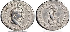Ancients Roman Imperial Titus (AD 79-81). AR denarius (19mm, 12h). NGC VF. Rome, AD 80. IMP TITVS CAES VESPASIAN AVG P M, laureate head of Titus right / TR P IX IMP XV COS VIII P P, dolphin coiled aro