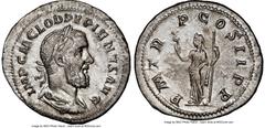 Ancients Roman Imperial Pupienus (April-July AD 238). AR denarius (20mm, 2.98 gm, 11h). NGC AU 5/5 - 3/5. Rome. IMP C M CLOD PVPIENVS AVG, laureate, draped and cuirassed bust of Pupienus right, seen f
