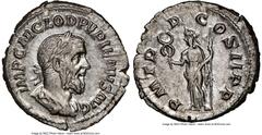 Ancients Roman Imperial Pupienus (April-July AD 238). AR denarius (19mm, 3.59 gm, 5h). NGC Choice AU 5/5 - 5/5. Rome. IMP C M CLOD PVPIENVS AVG, laureate, draped and cuirassed bust of Pupienus right, 