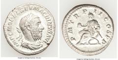 Ancients Roman Imperial Macrinus (AD 217-218). AR denarius (20mm, 2.53 gm, 12h). XF. Rome, Decemeber AD 217. IMP C M OPEL SEV-MACRINVS AVG, laureate, draped and cuirassed bust of Macrinus right, with 
