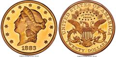 Proof Liberty Double Eagles 1883 $20 PR65 Deep Cameo PCGS. JD-1, High R.5. The 1883 is the first of three proof-only Liberty Head double eagle issues, struck during a period when the demand for gold a