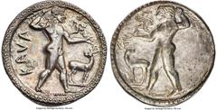 Ancients Greek BRUTTIUM. Caulonia. Late 6th century BC. AR stater or nomos (30mm, 8.60 gm, 12h). NGC MS S 5/5 - 4/5, Fine Style. KAVΛ, full-length figure of nude Apollo advancing right, torso turned f