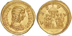 Ancients Roman Imperial Julia Domna (AD 193-217). AV aureus (20mm, 7.41 gm, 1h). NGC AU 5/5 - 4/5. Rome, AD 215. IVLIA PIA-FELIX AVG, draped bust of Julia Domna right, seen from front, hair waved in r