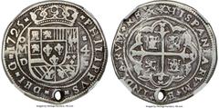 Mexico Philip V "Royal" 4 Reales 1725 Mo-D Fine Details (Holed) NGC, Mexico City mint, KM-Unl., cf. Cay-9024 (not pictured), Cal-Unl. (cf. Cal-Type 16 for issue of Louis I), cf. Sedwick-M23 & M23a (th