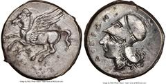 Ancients Greek BRUTTIUM. Locri Epizephyrii. Ca. 350-275 BC. AR stater (22mm, 8.64 gm, 9h). NGC Choice AU 4/5 - 3/5, die shift. Ca. 317-310 BC. Pegasus flying left, horizontal thunderbolt below / ΛΟΚΡΩ