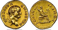 Ancients Roman Imperial Titus, as Caesar (AD 79-81). AV aureus (20mm, 7.25 gm, 12h). NGC AU 5/5 - 2/5, ex-jewelry. Rome, AD 73. T CAES IMP-VESP CENS, laureate head of Titus right / PONTIF-TRI POT, Tit