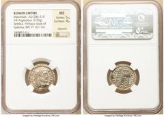 Ancients Roman Imperial Galerius, as Augustus (AD 305-311). AR argenteus (20mm, 3.35 gm, 1h). NGC MS 5/5 - 4/5, deposits. Serdica, 5th officina, ca. AD 303/4-305. MAXIMIA-NVS AVG, laureate head of Gal