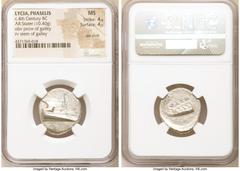 Ancients Greek LYCIA. Phaselis. Ca. 4th century BC. AR stater (mm, 10.40 gm, 11h). NGC MS 4/5 - 4/5, die shift. Prow of galley right with fighting platform, gunwale decorated with eye / ΦAΣH above gal
