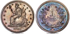 Patterns 1870 $1 Standard Silver Dollar, Judd-1009, Pollock-1142, Low R.7, PR65 PCGS. CAC. Ex: Garrett-Simpson. Weight: 396 grains. The "Indian Princess" design was Chief Engraver James B. Longacre's 