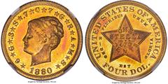 Proof Four Dollar Gold Pieces 1880 $4 Coiled Hair, Judd-1660, Pollock-1860, JD-1, Low R.7, PR67 Cameo NGC. Ex: The Paramount Collection. Ownership of an 1880 Coiled Hair stella is a mark of distinctio
