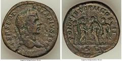 Ancients Roman Imperial Geta, as Augustus (AD 209-211). AE sestertius (32mm, 22.90 gm, 12h). VF. Rome, AD 210. IMP CAES P SEPT-GETA PIVS AVG, laureate head of Geta right / PON-TIF TR P II COS-II, Cara