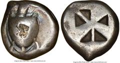 Ancients Greek SARONIC ISLANDS. Aegina. Ca. 525-480 BC. AR stater (19mm, 11.97). NGC VF 4/5 - 2/5, countermarks, scratches. Sea turtle, viewed from above, head turned sideways, with thin collar / Quad